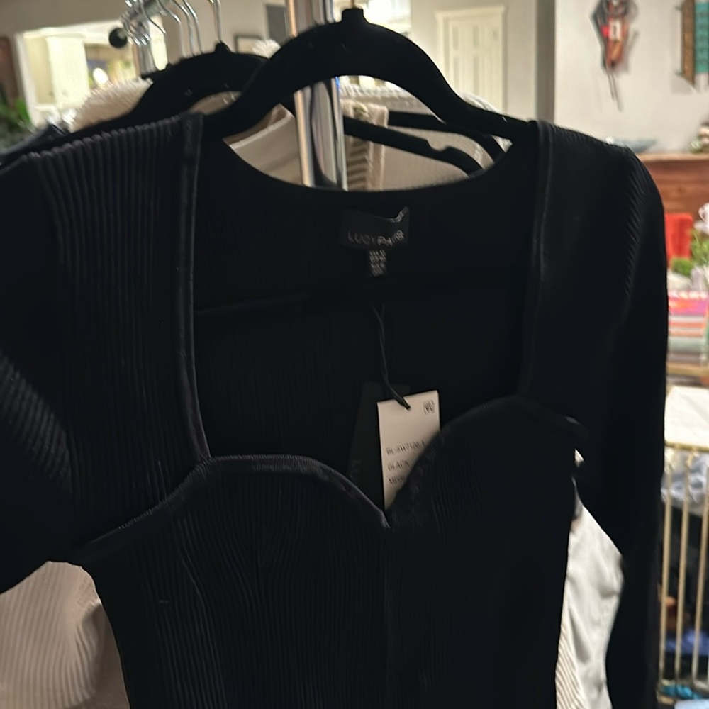 Lucy Paris Black Body Midi Dress w sweetheart style at breast